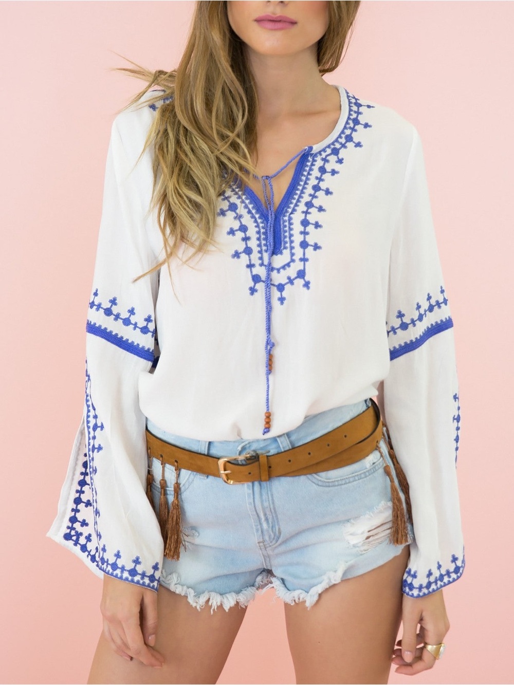 Honey Punch White Chemise Top with Blue Embroidered Trim